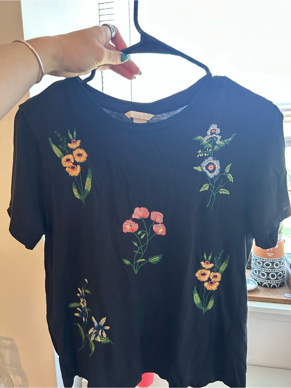 H&M Black Short Sleeve Tee with Multicolor Floral Embroidery
